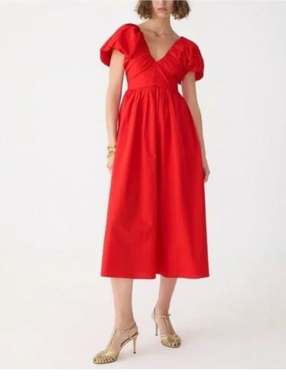 J. Crew Red V-Neck Puff Sleeve Midi Dress